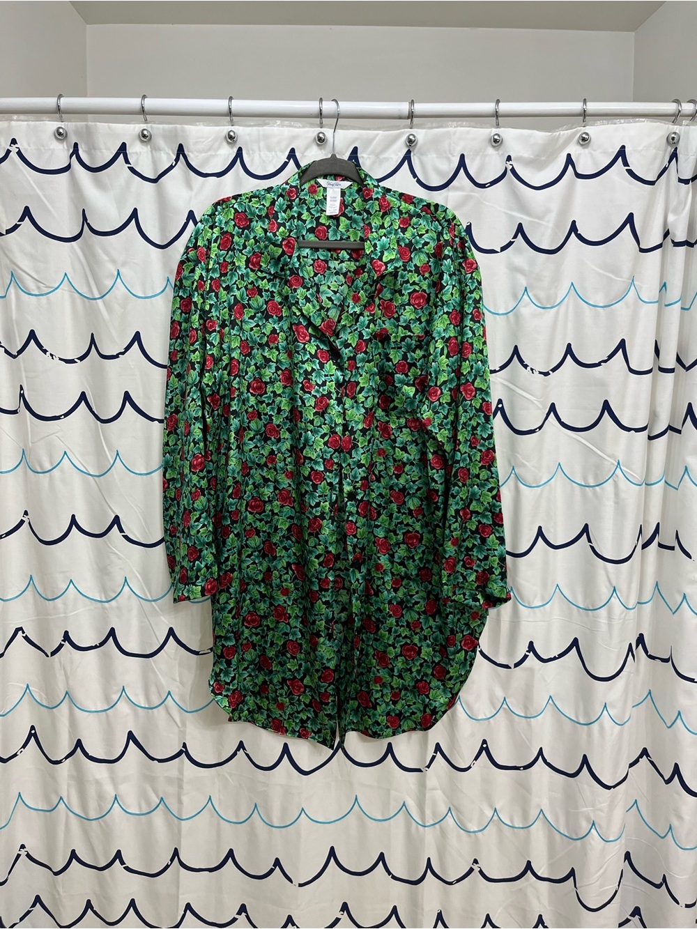 Vanity Fair Green Button-Down Gown with Red Floral Print